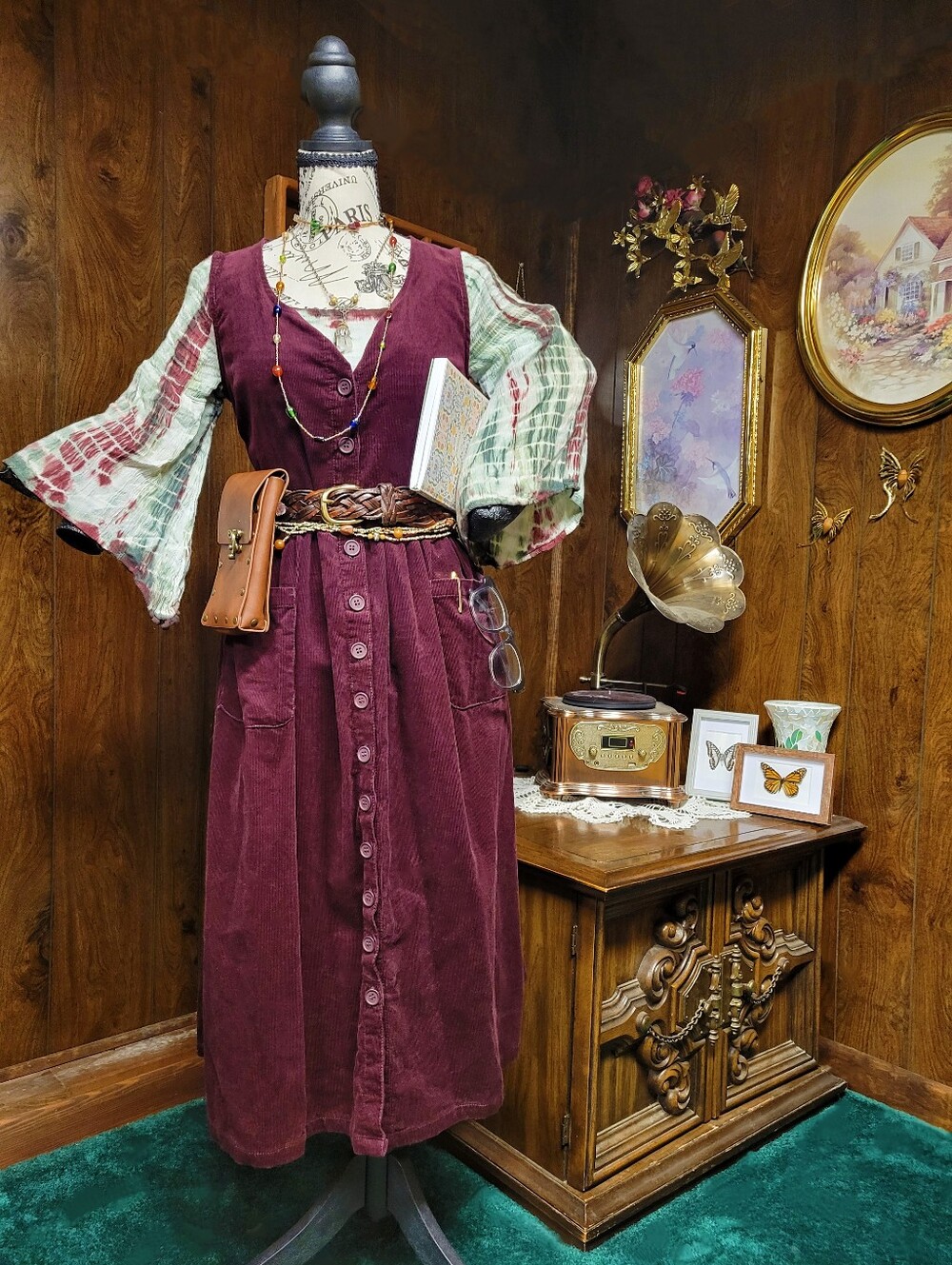 Ox Blood Corduroy Pinafore Button Up Dress Cottagecore Fantasy Renaissance DnD